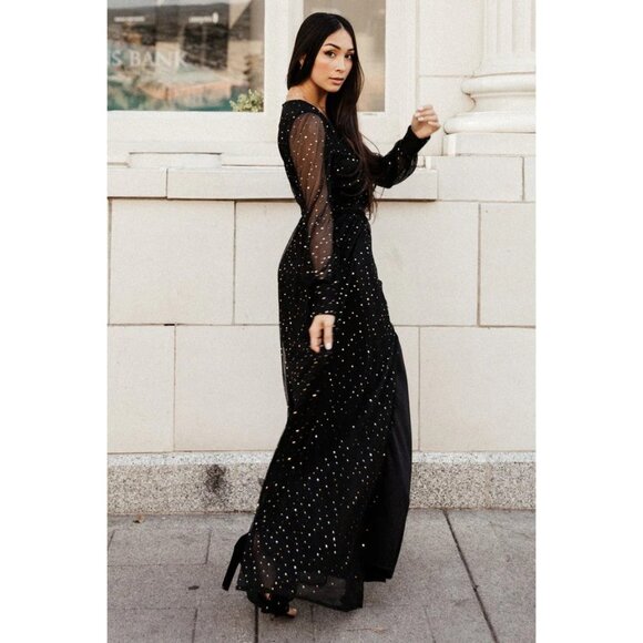 Baltic Born Abigail Sparkle Gown Black Gold Sequins Semi Sheer V Neck Medium New - Picture 2 of 14